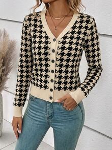 SHEIN Frenchy Cardigan Rajut Tipis Lengan Panjang Kancing Tunggal Motif Houndstooth untuk Wanita - MultiWarna - View 3