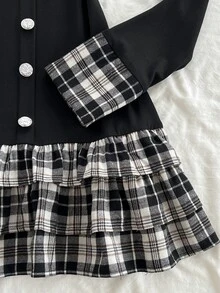 Elamini Minimalist Sexy Academy Style 2 In 1 Plaid Patchwork Fitted Long Sleeve Ruffle Dress - Black - View 6