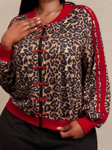 SHEIN SXY Plus Size Women's Long Sleeve Red Loose Cardigan With Frog Button Design Office Cocktail Autumn Sport Cowboy Fall - Multicolor - View 3