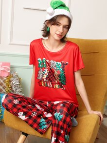 Chillnights Sweet & Cute Christmas Print Colorblock Crew Neck Pullover Women's Pajama Set - Multicolor - View 6
