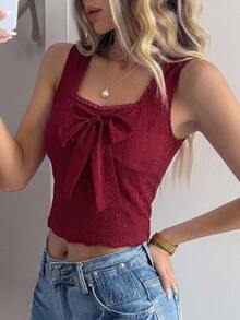 Livesso 女款修身純色對比蕾絲前結背心上衣 - 酒紅色 - 查看 7