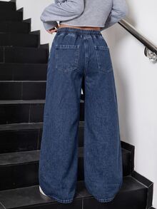 SHEIN Tween Girl Girls' Deep Blue Loose Fit Denim Long Pants - Dark Wash - View 5