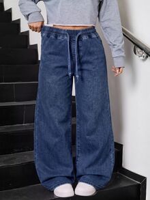 SHEIN Tween Girl Girls' Deep Blue Loose Fit Denim Long Pants - Dark Wash - View 7