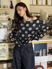 K-Vae 大尺碼女款波點休閒百搭日常穿搭T恤 - 黑色 - 查看 5