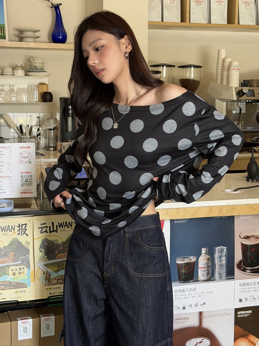 K-Vae Plus Size Women's Polka Dot Casual Versatile Everyday T-Shirt - Black - View 1