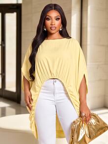 Brilight Batwing Sleeve Front Elastic Ruched Cutout Oversized Elegant Loose Blouse For Beach Going Out Vacation Casual Streetwe Pale Yellow Summer - Light Yellow - View 11