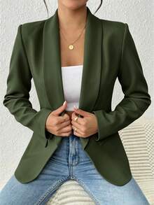 SHEIN PETITE 女款優雅長袖西裝外套，適合辦公與通勤 - 墨綠色 - 查看 3