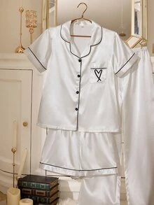 LuxeNights 愛心刺繡仿絲短袖上衣、短褲與長褲 3 件組睡衣套裝 - 白色 - 查看 3