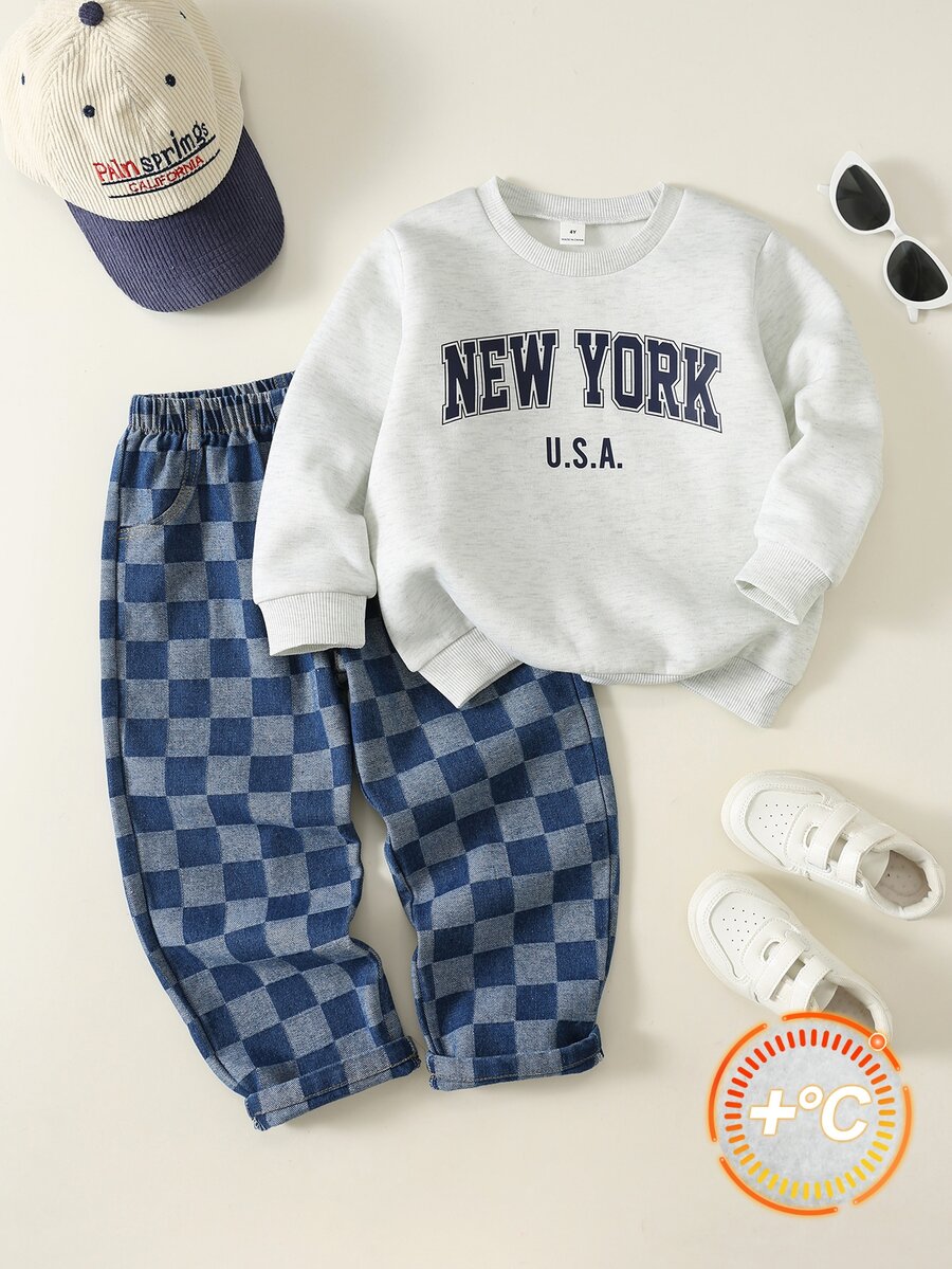 SHEIN Young Boy Letter Pattern Knit Soft Crew Neck Long Sleeve Pullover Sweatshirt & Elastic Waist Plaid Pants 2pcs Set - Multicolor - View 1