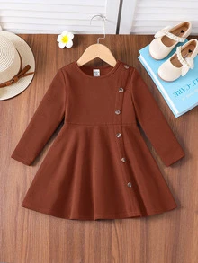 Emery Rose Kids Emery Rose Kids 女童優雅休閒圓領套頭拼色短袖中長洋裝，適合學校、日常休閒，秋冬穿著 - 鏽棕色 - 查看 3