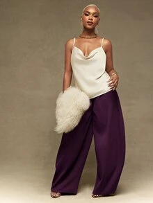 Vixey Solid Brown Suiting High Waist Barrel Leg Office Pants - Purple - View 2