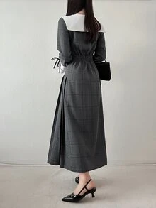 FRIFUL Women's Colorblock Plaid Casual Daily Summer Long Dress - Black and White - View 9