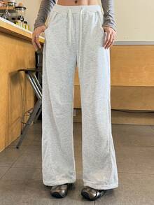 K-Vae Women's Solid Color Drawstring Waist Pocket Straight Leg Casual Pants - Apricot - View 1