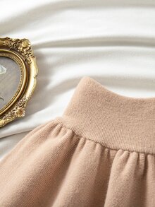Souflis Souflis Rok Mini Rajut Kasual Serbaguna Berlipit Warna Polos untuk Anak Perempuan Muda - Khaki - View 4