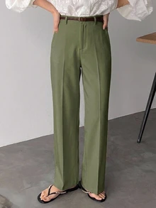 Dazy-Less Women's Solid Color Straight Leg Business Casual Regular Trousers - Army Green - View 5