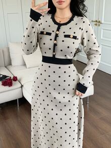 Slaydiva Women's Elegant Polka Dot Knit Dress, Autumn/Winter - Dusty Purple - View 6