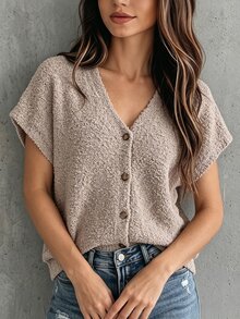 SHEIN Cardigan Rajut Wanita Warna Polos Model V-Neck Batwing Lengan Pendek Kancing Tunggal - Khaki - View 5