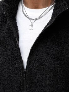 Manfinity CasualCool Ins熱銷男士珊瑚絨落肩袖開襟連帽衛衣，送給爸爸、丈夫、男友的萬聖節、聖誕節、新年禮物 - 黑色 - 查看 8