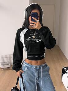 Coolane Women's Autumn Casual Colorblock Patchwork Letter Print Cropped Sweatshirt - White - View 3