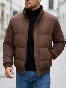 DAZY Brown Padded Body With Contrast Sleeves, Faux Fur Collar Design Men's Padded Coat - Brown - View 1