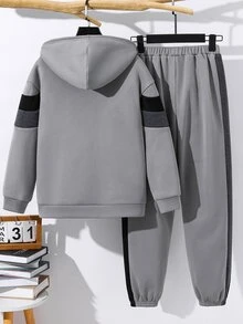 SHEIN 兒童青少年男孩條紋拉鍊連帽外套與運動長褲休閒套裝 - 彩色 - 查看 2