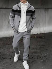 SHEIN 兒童青少年男孩條紋拉鍊連帽外套與運動長褲休閒套裝 - 彩色 - 查看 1