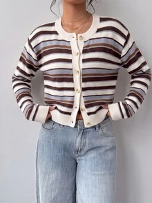 SHEIN BASICS 女款休閒針織開襟衫，條紋針織毛衣，女款秋冬服飾，女款返校穿搭 - 彩色 - 查看 4