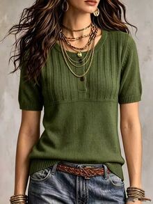 SHEIN 休閒寬鬆圓領短袖針織半鈕扣設計杏色女款春秋針織上衣 - 軍綠色 - 查看 6