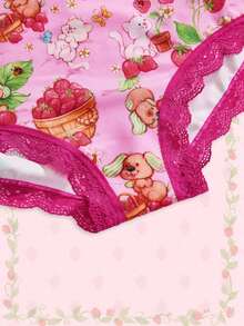 Strawberry Shortcake | ROMWE Plus Size Collaboration Lace Patchwork Comfortable Women's Triangle Panties 3-Piece Set - Multicolor - View 3