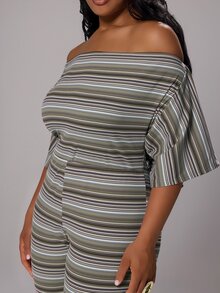 Rustia Plus Size Multi-Color Striped Asymmetric Neck 3/4 Sleeve Fitted Knit Jumpsuit - Multicolor - View 5