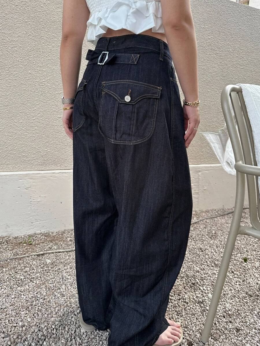 Dazy Plus Plus Size Women's Colorblock Contrast Stitch Loose Curved Leg Casual Streetwear Spring Autumn New Denim Jeans - Dark Wash - View 1