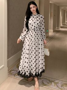 DAZY 女款優雅通勤波點印花蕾絲拼接洋裝 秋季 - 白色 - 查看 7