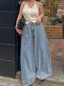 Dazy Plus Plus Size Women's Casual Versatile Everyday Denim Wide Leg Pants With Pockets - Light Wash - View 3