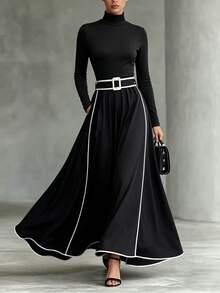 LUMIGAL Autumn Colorblock Trim High Neck A-Line Belted Wrap Casual Versatile Women's Dress - Black - View 1