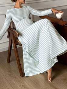 Dazy Maternity Contrast Stripe Umbrella Skirt Long Sleeve Round Neck Casual Vacation Versatile Daily Spring Autumn Maternity Dress - Blue - View 5