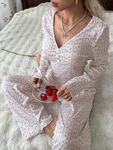CottageSlumber Ice Silk Ribbed Fabric Striped Ditsy Floral Long Sleeve Long Pants Pajama Set - Multicolor - View 4