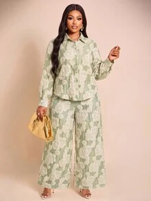 Brilight Floral Embossed Lapel Long Sleeve Button Shirt High Waist Wide Leg Pants For Vacation Brunch Daily O - Green - View 13