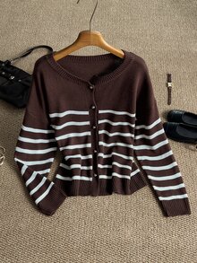 Grovea Cardigan Rajut Wanita Ukuran Besar Bergaris Leher Bulat Lengan Panjang Kancing Tunggal untuk Musim Dingin - Coklat - View 5