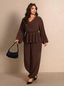 Elaquor Plus Size Women's Solid Color Cowl Neck Lantern Sleeve Blouse And Pants Elegant 2 Pieces Set - Coffee Brown - View 3