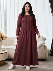 Al Najma Plus Size Women Solid Color Round Neck Long Sleeve Button Design Casual Arabian Dress - Burgundy - View 1