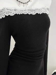 Elamini Women's Lace Patchwork Off Shoulder Knit Dress - Black - View 5