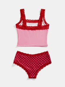 Strawberry Shortcake | ROMWE Plus Size Cute Strawberry Co-Branded Lace Patchwork Polka Dot Bow Non-Wired Women's Lingerie Set - Pink - View 2