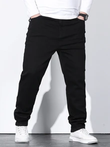 Manfinity Homme Men's Pure Black Straight Leg Jeans, Plus Size Casual Basic Denim Pants - Black - View 3