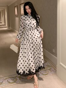DAZY 女款優雅通勤波點印花蕾絲拼接洋裝 秋季 - 白色 - 查看 6