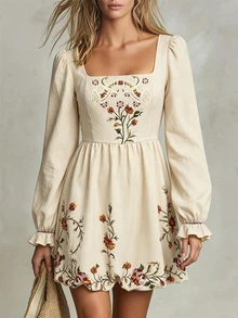 INAWLY Women's Floral Print Square Neck Long Sleeve Casual Short Dress - Apricot - View 3