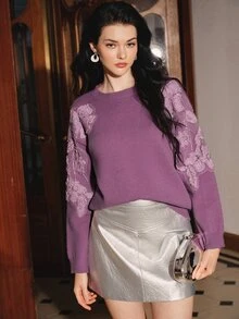 Anewsta Sweater Wanita Elegan Romantis Lengan Panjang Leher Bulat dengan Hiasan Renda, Potongan Longgar, Cocok untuk Aktivitas Sehari-hari - Mauve Purple - View 3