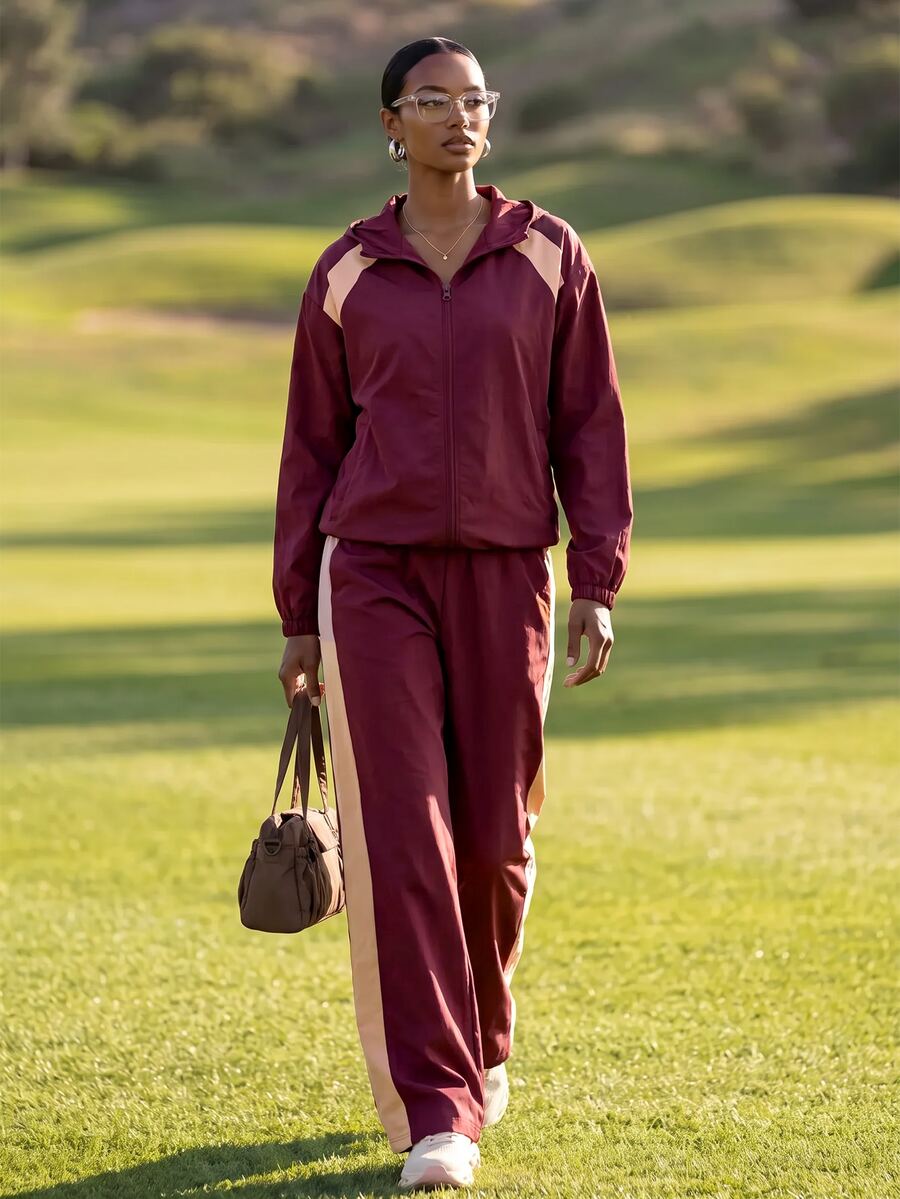 Zivah Women's Long Sleeve Zip-Up Jacket And Pants Sports Set - Burgundy - View 1