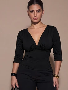 SHEIN BAE CURVE Plus Size Women's Solid Color Deep V-Neck Short Sleeve Fitted T-Shirt - Black - View 2