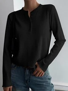 Livesso 女款白色純色寬鬆落肩圓領短袖休閒極簡風T恤 秋季 - 黑色 - 查看 5