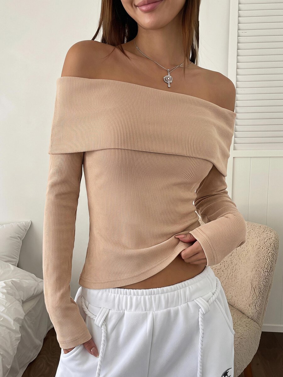 K-Vae Women's Minimalist Casual Sexy Cold Shoulder Sweater, Soft Fluffy Cold Shoulder Slim Fit Long Sleeve Knit Top Brunch Beige Autumn - Brown - View 1